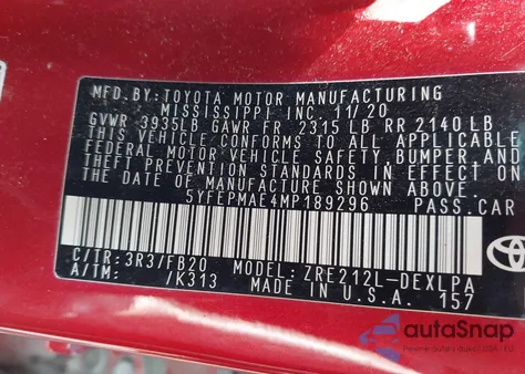 2021 Toyota Corolla Le из США, поврежденный, VIN 5YFEPMAE4MP189296